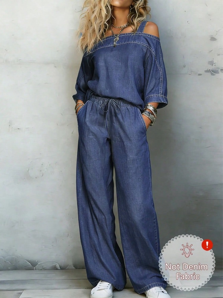 Pocket Square Set - Women Denim‑Look 2 Piece Outfit Cold‑Shoulder